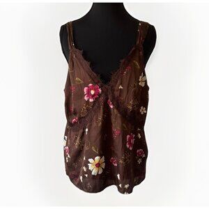Old Navy Y2K Babydoll Brown Floral Top Sz Large Lace Satin Forest Fairy Coquette